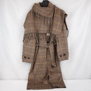 Rare Mango Wool-Blend Micro-Houndstooth Midi Coat with detachable scarf and belt
